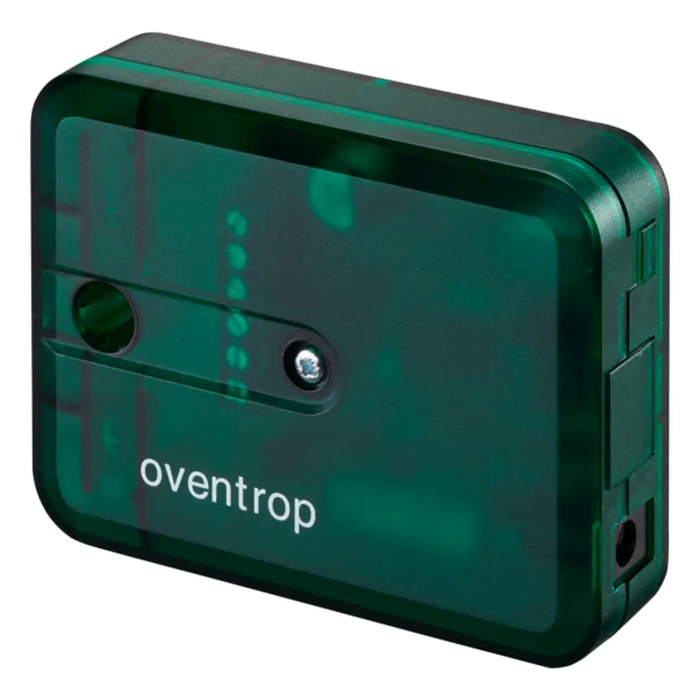 Grüner Schnittstellenadapter von Oventrop mit Sichtfenster und Anschlussmöglichkeiten, geeignet für Hocheffizienzpumpen im Anwendungsbereich PWM.